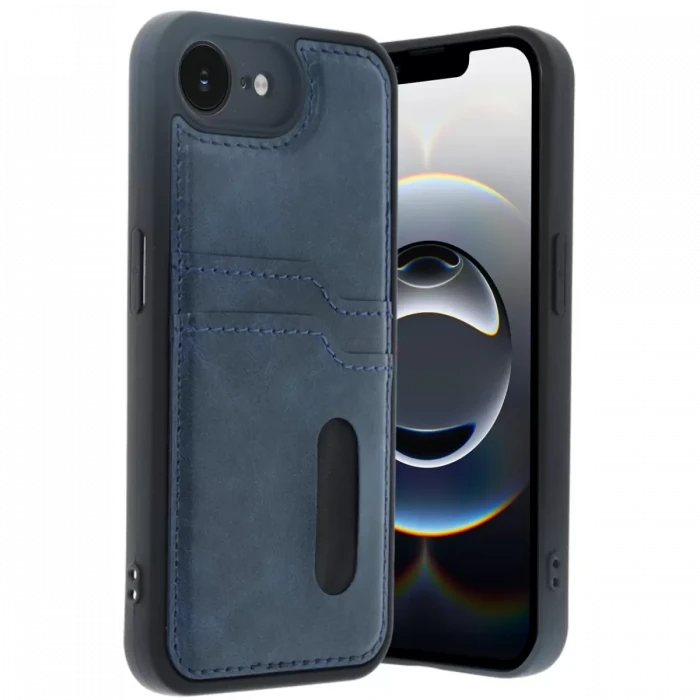 Newface Apple iPhone 16E Kılıf Sara Kartvizitli Deri Kılıf - Lacivert
