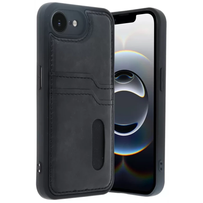 Newface Apple iPhone 16E Kılıf Sara Kartvizitli Deri Kılıf - Siyah