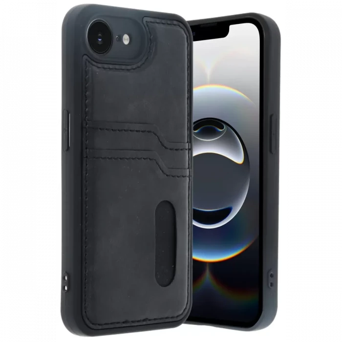 Newface Apple iPhone 16E Kılıf Sara Kartvizitli Deri Kılıf - Siyah