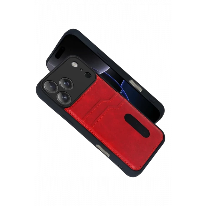 Newface Apple iPhone 17 Pro Max Sara Kartvizitli Deri Kılıf - Kırmızı