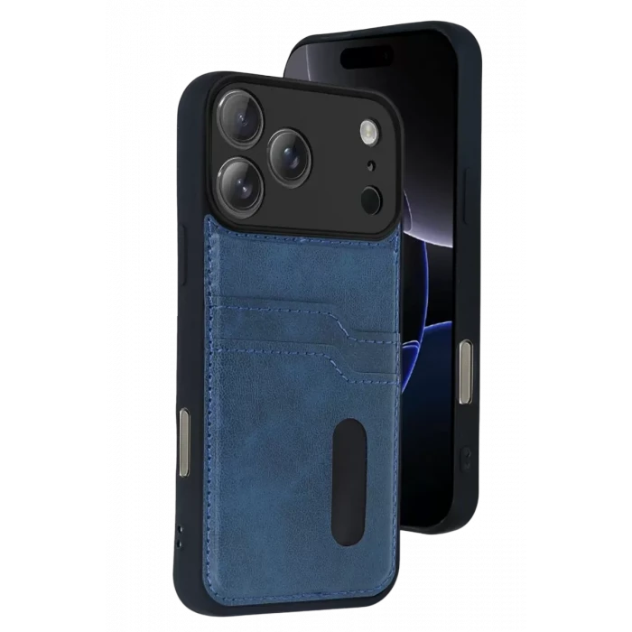 Newface Apple iPhone 17 Pro Max Sara Kartvizitli Deri Kılıf - Lacivert
