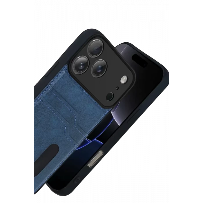 Newface Apple iPhone 17 Pro Max Sara Kartvizitli Deri Kılıf - Lacivert