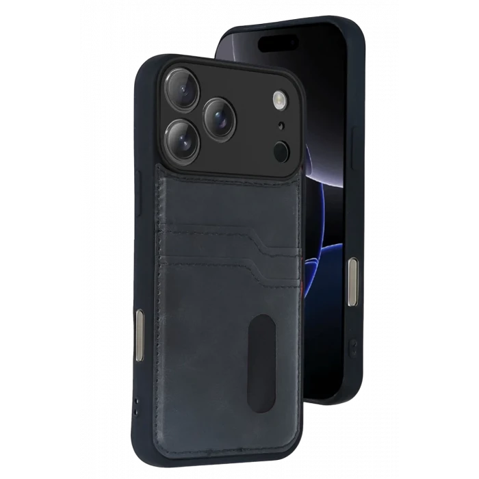Newface Apple iPhone 17 Pro Max Sara Kartvizitli Deri Kılıf - Siyah