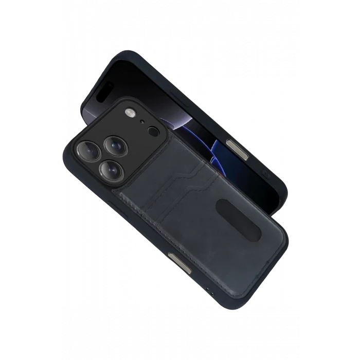 Newface Apple iPhone 17 Pro Max Sara Kartvizitli Deri Kılıf - Siyah