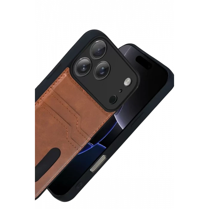 Newface Apple iPhone 17 Pro Max Sara Kartvizitli Deri Kılıf - Taba