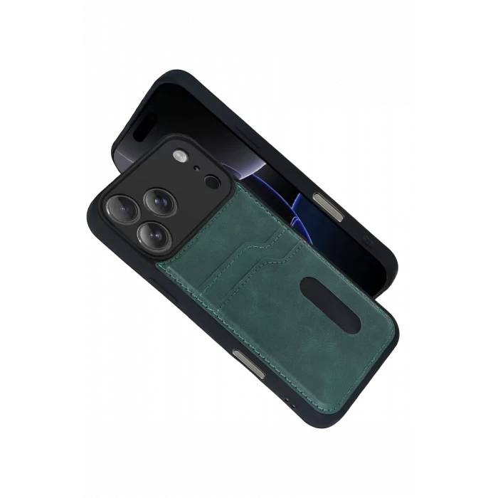 Newface Apple iPhone 17 Pro Max Sara Kartvizitli Deri Kılıf - Yeşil