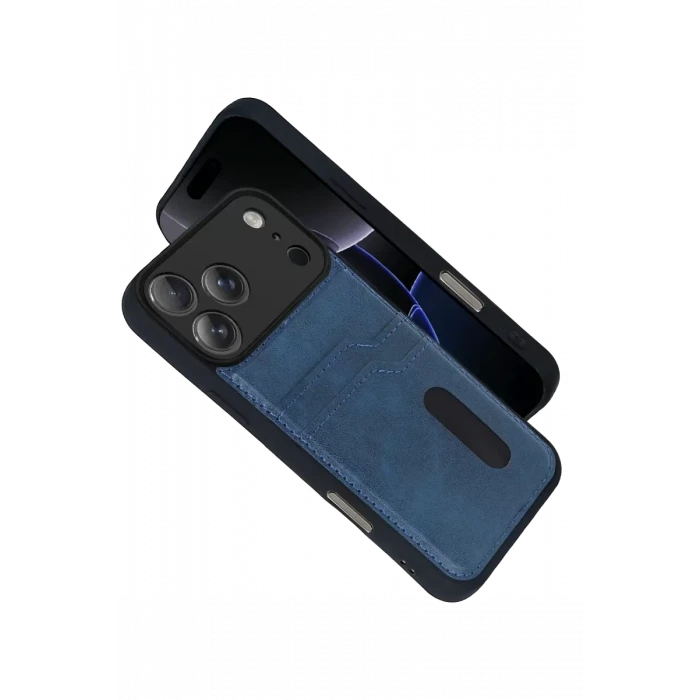 Newface Apple iPhone 17 Pro Sara Kartvizitli Deri Kılıf - Lacivert