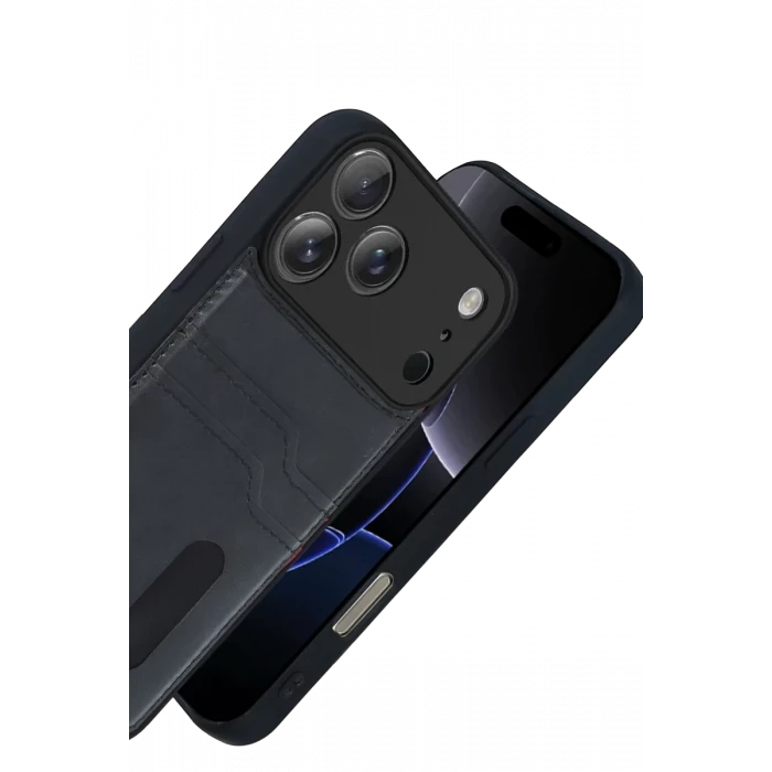 Newface Apple iPhone 17 Pro Sara Kartvizitli Deri Kılıf - Siyah
