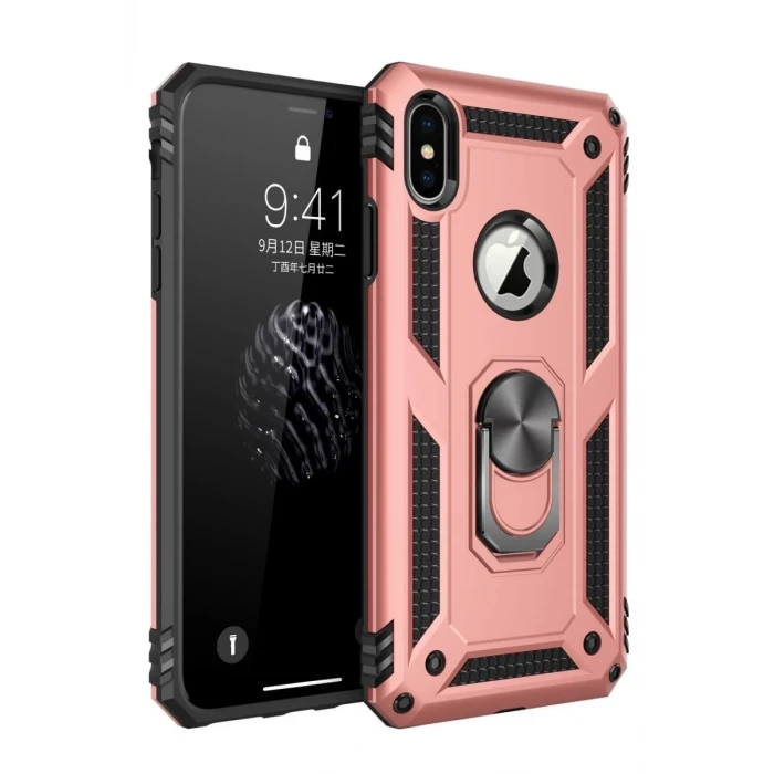 Newface Apple iPhone X Kılıf Sofya Yüzüklü Silikon Kapak - Rose