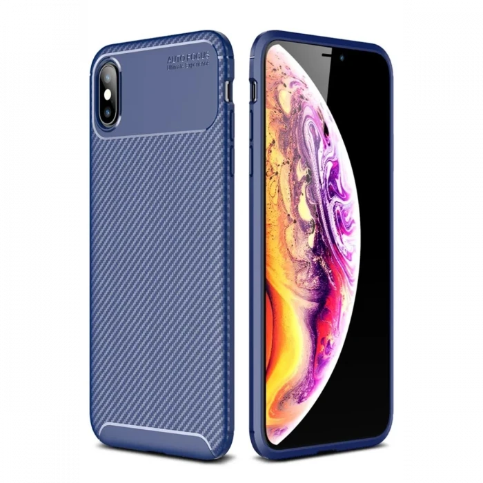 Newface Apple iPhone XS Max Kılıf Auto Focus Karbon Kapak - Lacivert