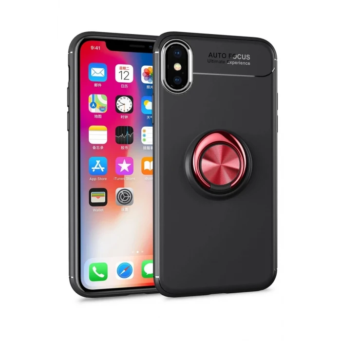 Newface Apple iPhone XS Max Kılıf Range Yüzüklü Silikon - Siyah-Kırmızı