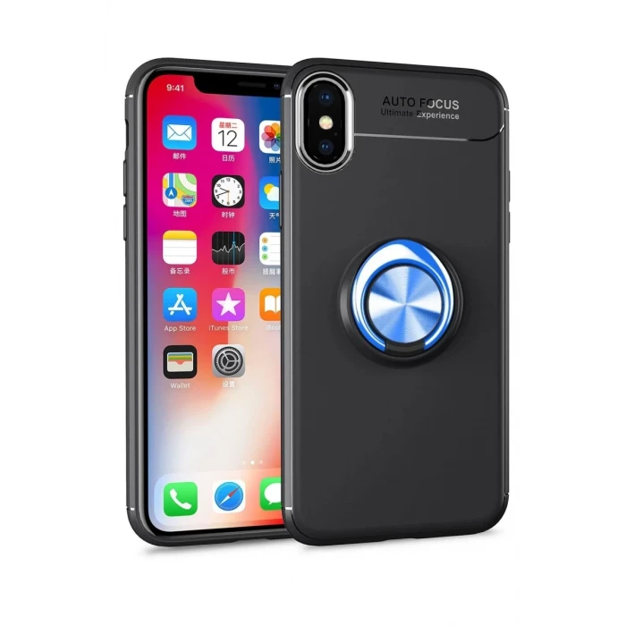 Newface Apple iPhone XS Max Kılıf Range Yüzüklü Silikon - Siyah-Mavi