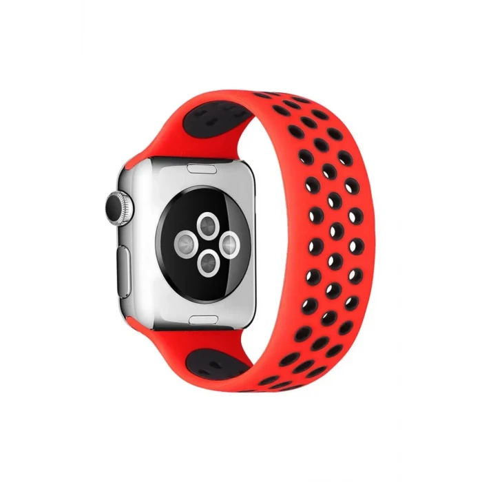 Newface Apple Watch 42mm Ayarlı Delikli Silikon Kordon - Kırmızı-Siyah