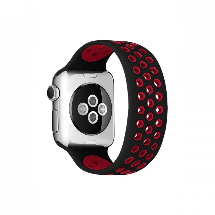 Newface Apple Watch 42mm Ayarlı Delikli Silikon Kordon - Siyah-Kırmızı