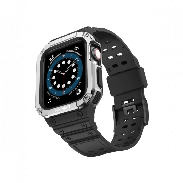Newface Apple Watch 42mm KR401 Silikon Kordon - Siyah-Gümüş