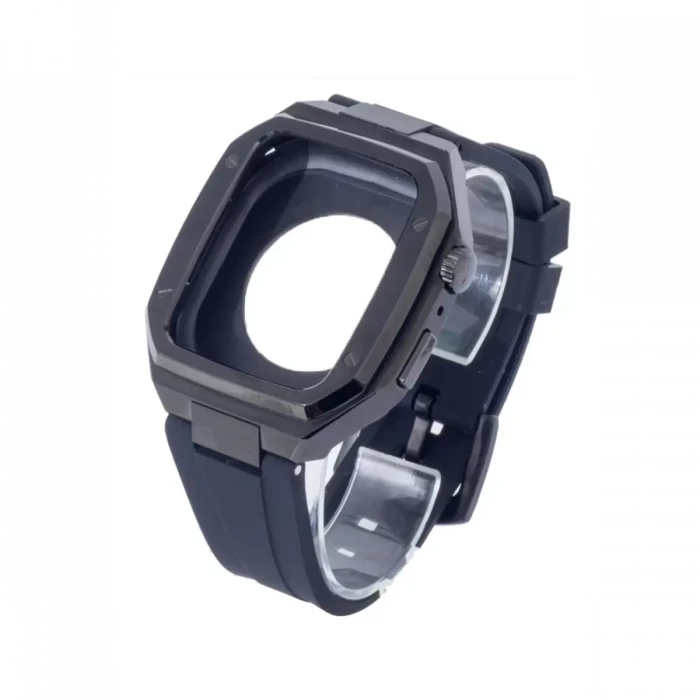 Newface Apple Watch 45mm KR402 Metal Kasa Silikon Kordon - Siyah