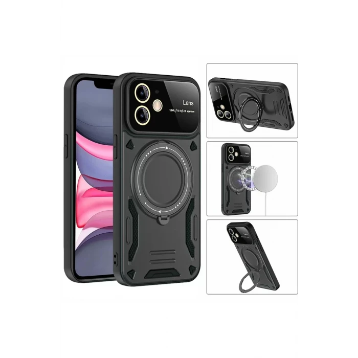 Newface Apple iPhone 11 Kılıf Joy Lens Standlı Kapak - Siyah