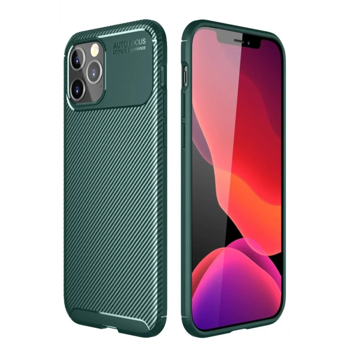 Newface Apple iPhone 11 Pro Max Kılıf Auto Focus Karbon Kapak - Yeşil