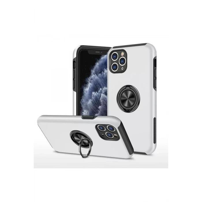 Newface Apple iPhone 11 Pro Max Kılıf Elit Yüzüklü Kapak - Gümüş