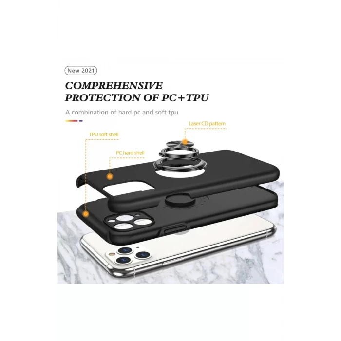 Newface Apple iPhone 11 Pro Max Kılıf Elit Yüzüklü Kapak - Siyah