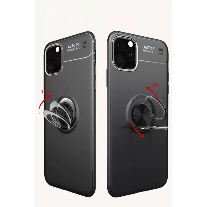 Newface Apple iPhone 11 Pro Max Kılıf Range Yüzüklü Silikon - Siyah-Mavi