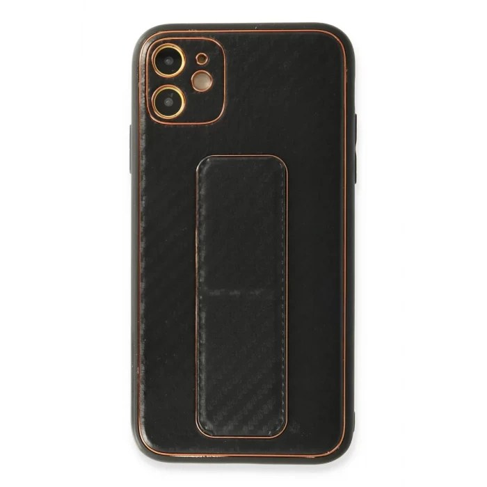 Newface Apple iPhone 12 Kılıf Coco Karbon Standlı Kapak - Siyah