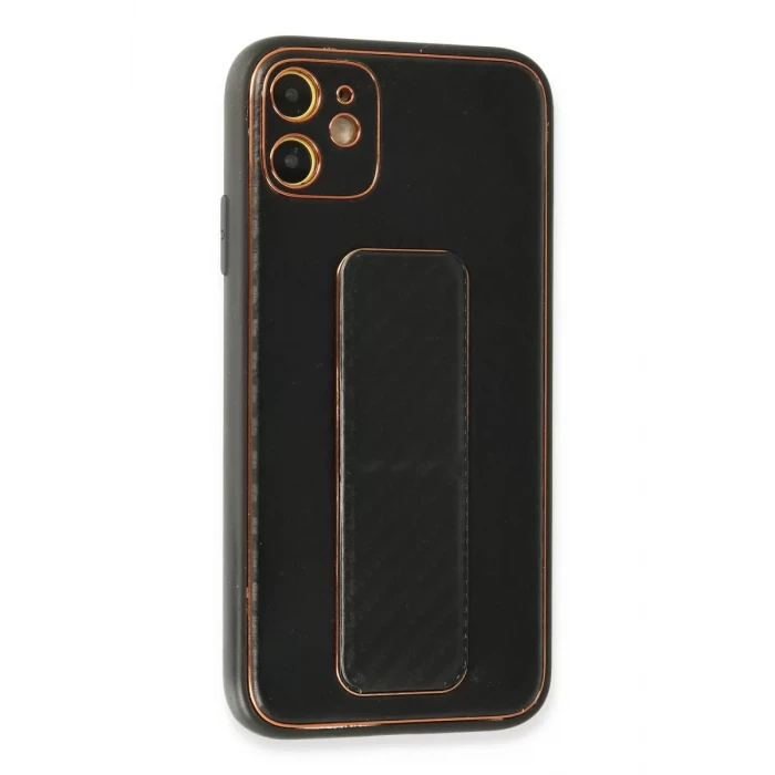 Newface Apple iPhone 12 Kılıf Coco Karbon Standlı Kapak - Siyah