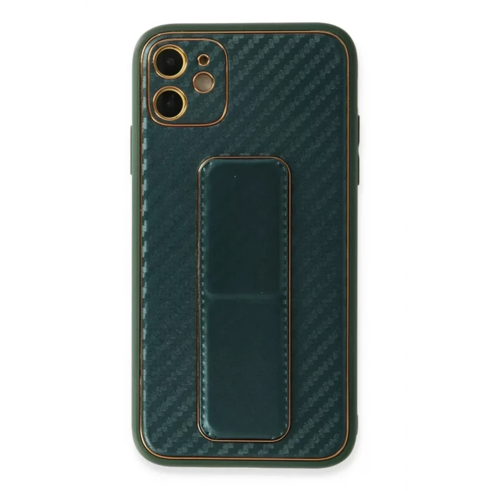 Newface Apple iPhone 12 Kılıf Coco Karbon Standlı Kapak - Yeşil