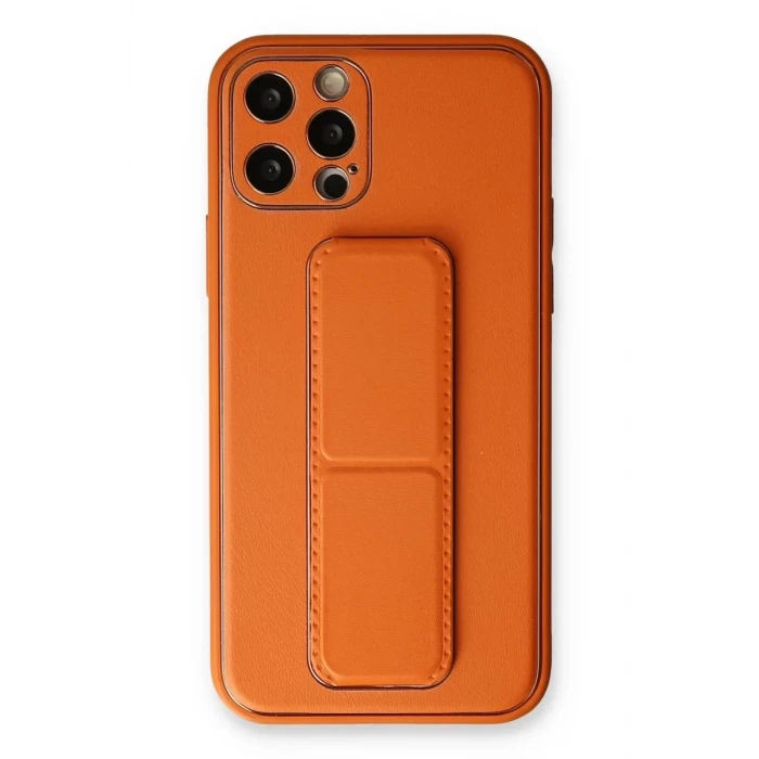Newface Apple iPhone 12 Pro Kılıf Coco Deri Standlı Kapak - Turuncu