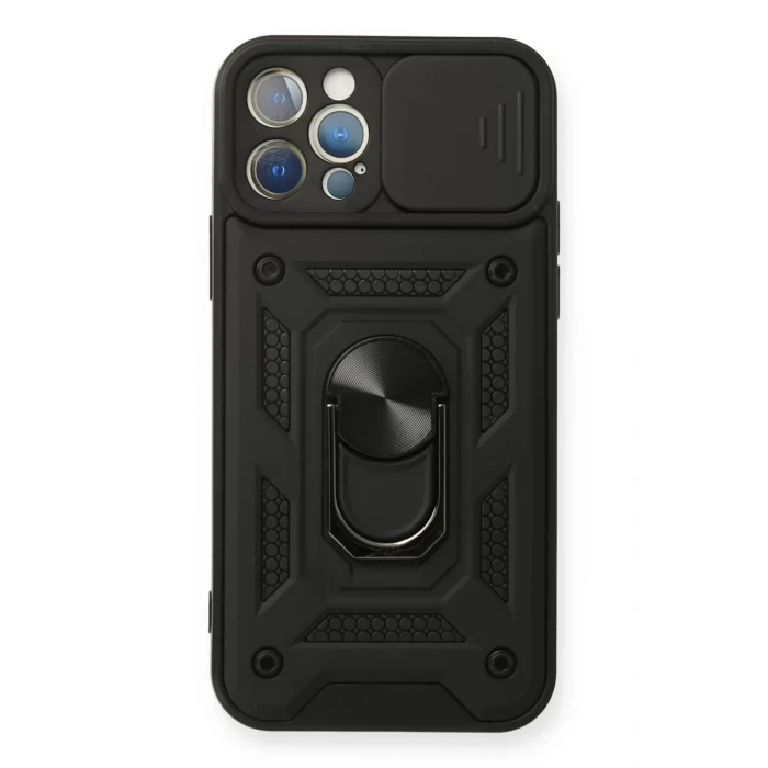 Newface Apple iPhone 12 Pro Kılıf Pars Lens Yüzüklü Silikon - Siyah