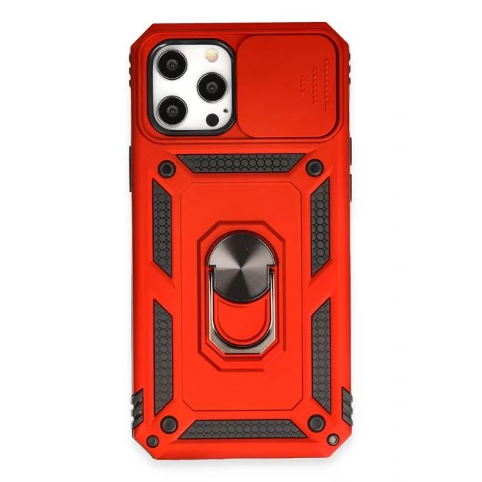 Newface Apple iPhone 12 Pro Max Kılıf Pars Lens Yüzüklü Silikon - Kırmızı