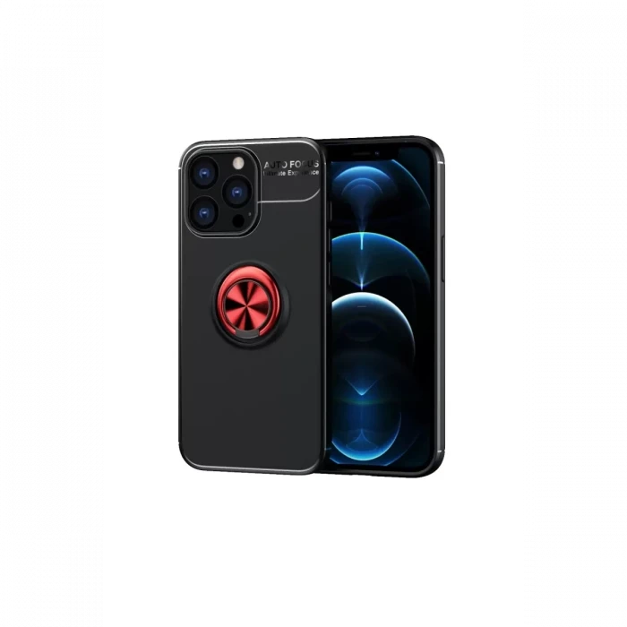 Newface Apple iPhone 13 Pro Max Kılıf Range Yüzüklü Silikon - Siyah-Kırmızı