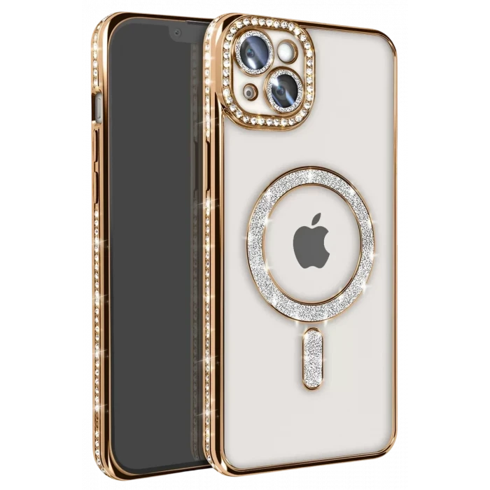 Newface Apple iPhone 14 Kılıf Joke Simli Magneticsafe Kılıf - Gold