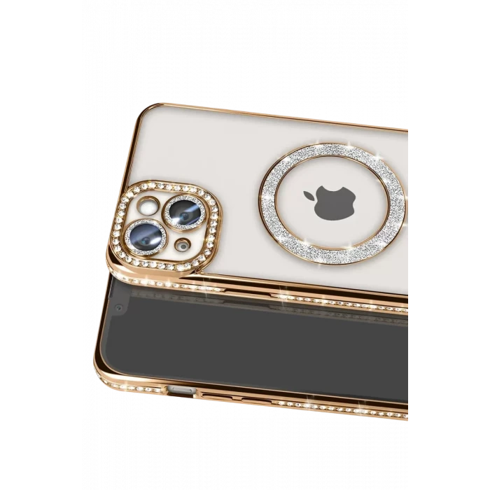 Newface Apple iPhone 14 Kılıf Joke Simli Magneticsafe Kılıf - Gold
