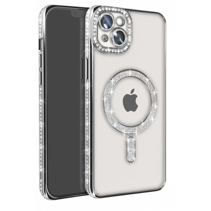 Newface Apple iPhone 14 Kılıf Joke Simli Magneticsafe Kılıf - Gümüş