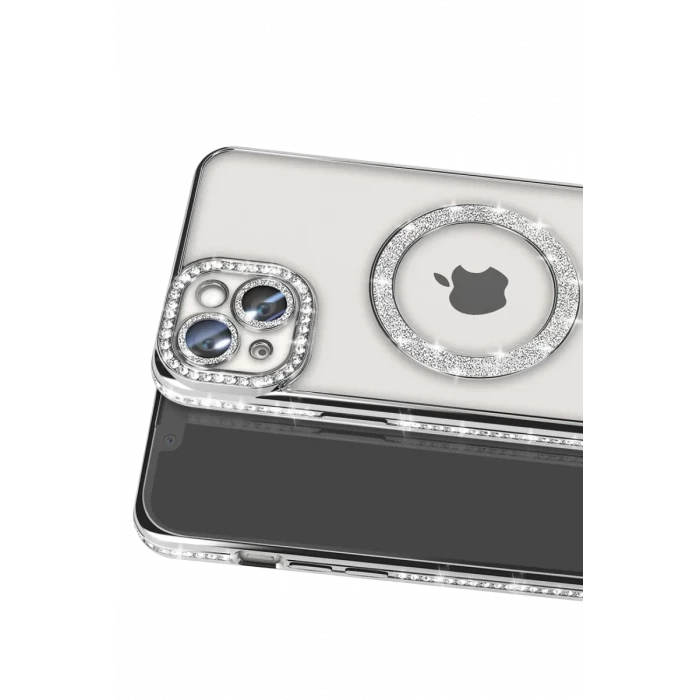 Newface Apple iPhone 14 Kılıf Joke Simli Magneticsafe Kılıf - Gümüş