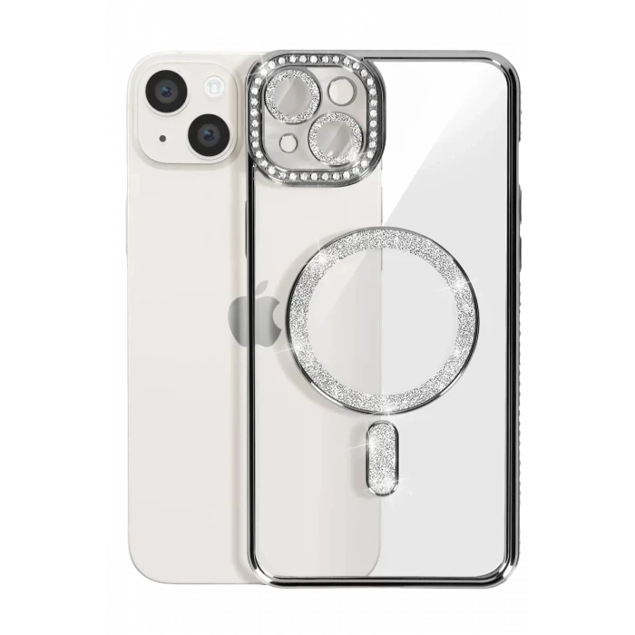 Newface Apple iPhone 14 Kılıf Joke Simli Magneticsafe Kılıf - Gümüş