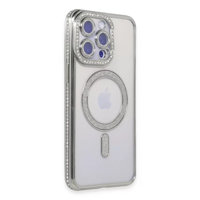 Newface Apple iPhone 14 Pro Max Kılıf Joke Simli Magneticsafe Kılıf - Gümüş