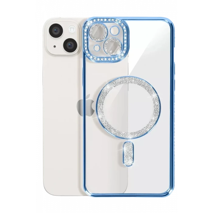 Newface Apple iPhone 15 Kılıf Joke Simli Magneticsafe Kılıf - Mavi