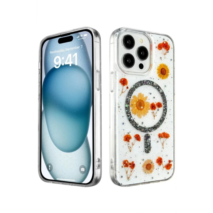 Newface Apple iPhone 15 Pro Max Kılıf Daisy Simli Magsafe Kapak - Siyah