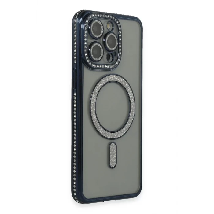 Newface Apple iPhone 15 Pro Max Kılıf Joke Simli Magneticsafe Kılıf - Lacivert
