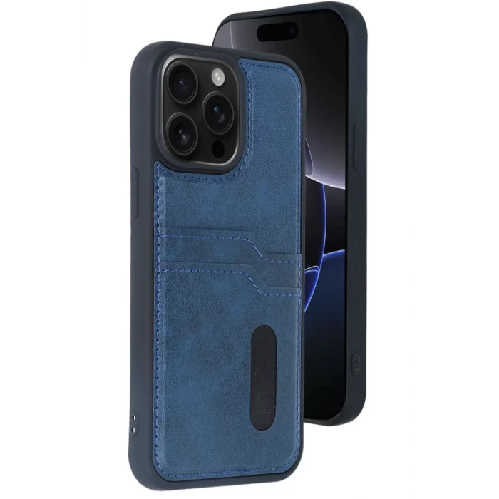 Newface Apple iPhone 15 Pro Max Kılıf Sara Kartvizitli Deri Kılıf - Lacivert