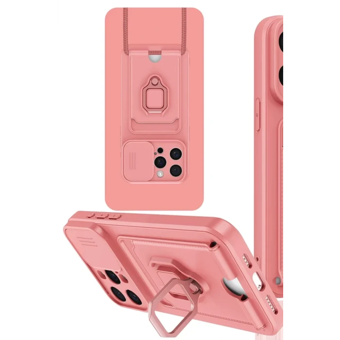 Newface Apple iPhone 15 Pro Max Kılıf Zuma Kartvizitli Yüzüklü Silikon - Pembe