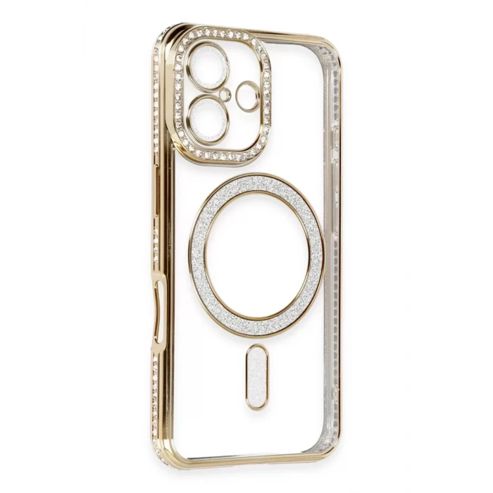 Newface Apple iPhone 16 Kılıf Joke Simli Magneticsafe Kılıf - Gold