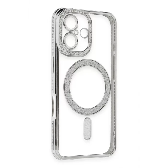 Newface Apple iPhone 16 Kılıf Joke Simli Magneticsafe Kılıf - Gümüş