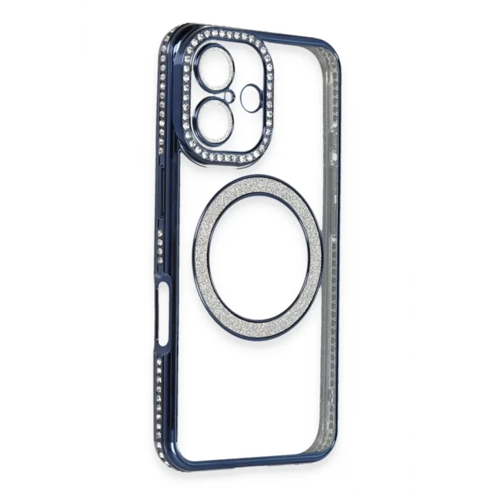 Newface Apple iPhone 16 Kılıf Joke Simli Magneticsafe Kılıf - Lacivert