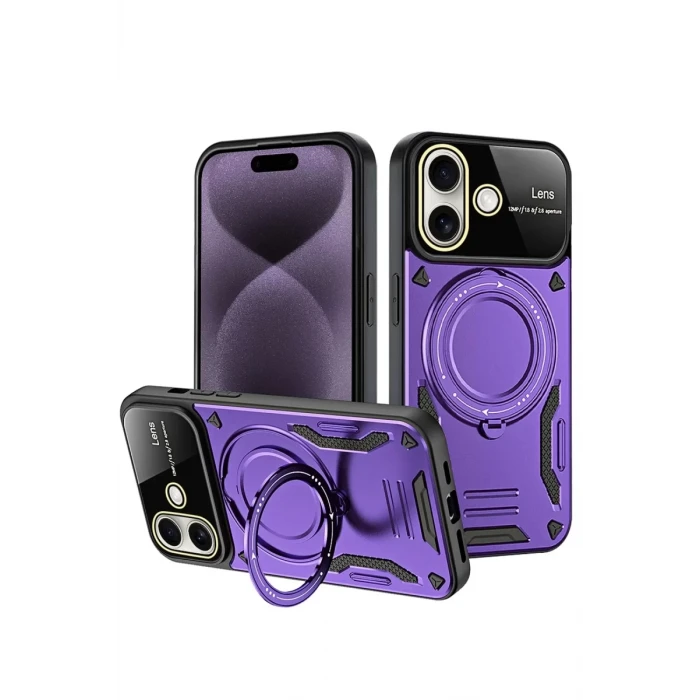 Newface Apple iPhone 16 Kılıf Joy Lens Standlı Kapak - Mor