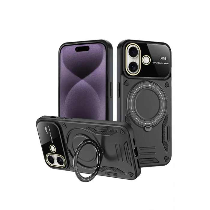 Newface Apple iPhone 16 Kılıf Joy Lens Standlı Kapak - Siyah