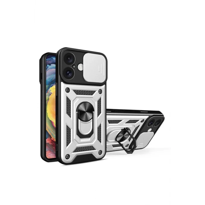 Newface Apple iPhone 16 Kılıf Pars Lens Yüzüklü Silikon - Gümüş