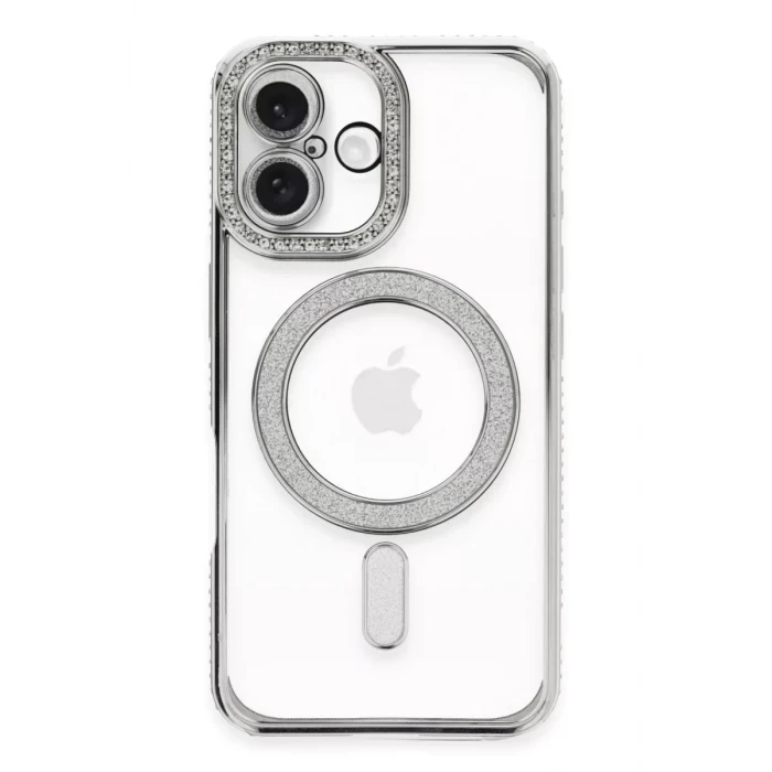 Newface Apple iPhone 16 Plus Kılıf Joke Simli Magneticsafe Kılıf - Gümüş